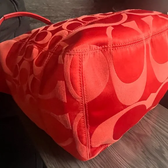 Coach Crimson Orange Signature Nylon ToteBag Leather Trim/Hangtag + Dust Bag 12” - Picture 9 of 16